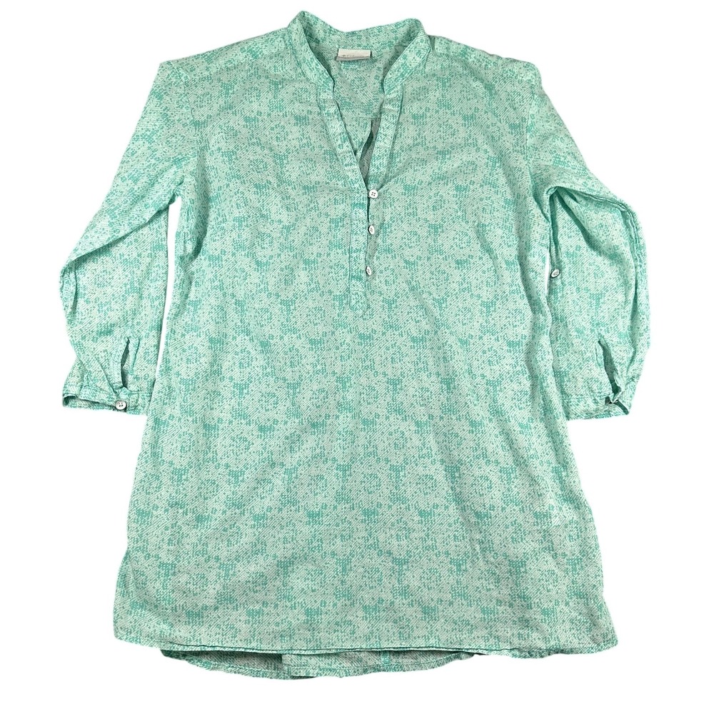 Columbia Tunic Blouse Womens Small Green Henley Long Sleeve‎ Geometric Print